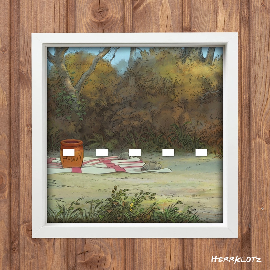 Displayrahmen für LEGO® Winnie Pooh Minifiguren - Motiv: Picknick (Weiß)